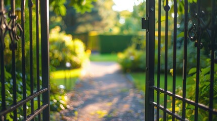 Poster - Close-up of an open gate in a garden, symbolizing the transition from confinement to freedom