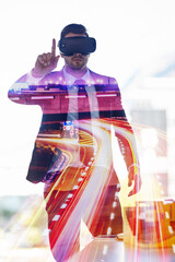 Aufkleber - Overlay, virtual reality and business man with headset for traffic support, emergency response or roadside assistance. Digital, call center and consultant for futuristic, vr service or technology