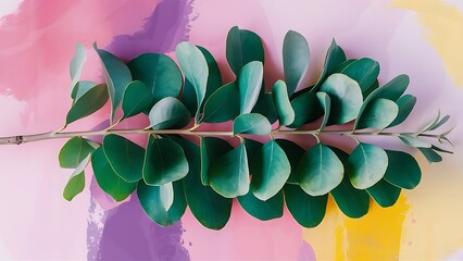 Eucalyptus branch with fresh leaves on color background top view