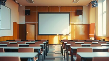 Canvas Print - Empty meeting room with a projector and screen, ready for a business presentation