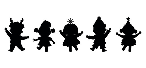 Christmas Kids Party. Silhouettes of Chilldren in Christmas Costumes. Kids dance. Deer, Elf, Santa Claus, Snowflake, Christmas Tree. People Silhouettes. Black on White. Vector illustration