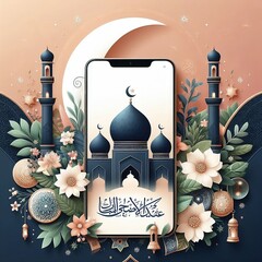 Sticker - Eid al Adha Mubarak Islamic Festival social media banner template, mosque copy space greeting card created with generative ai