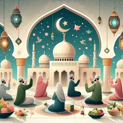 Sticker - Eid al Adha Mubarak Islamic Festival social media banner template, mosque copy space greeting card created with generative ai