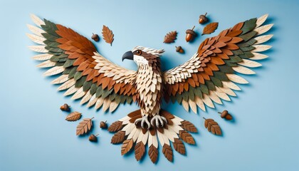 Canvas Print - An osprey crafted from brown and white leaves, with large wings and a sharp beak made from wood. Eyes are acorns. The background is a light blue color.