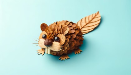 Canvas Print - A beaver crafted from brown leaves, with a flat tail and prominent teeth made from small pieces of wood. Eyes are acorns. The background is a light blue color.
