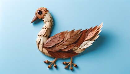 Wall Mural - A goose crafted from brown and white leaves, with a long neck and webbed feet. Eyes are acorns, and the beak is a small piece of wood. The background is a light blue color.