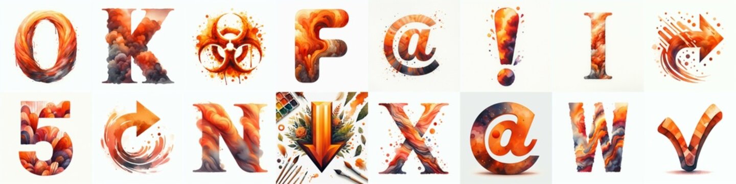 Orange watercolor Lettering Typeface. AI generated illustration