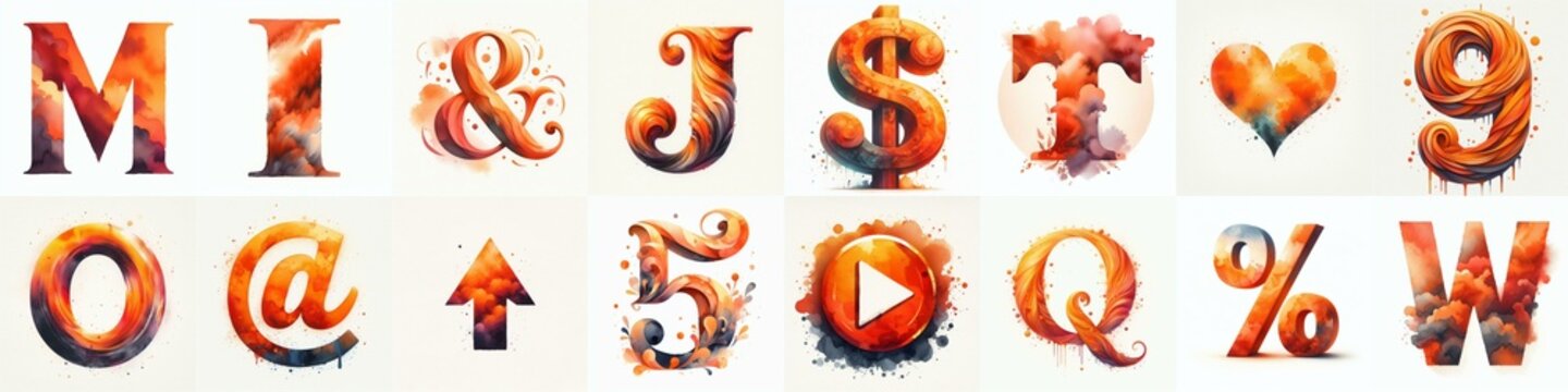 Orange watercolor Lettering Typeface. AI generated illustration
