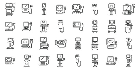 Fototapete - Ultrasound machine icons set vector. A collection of medical equipment icons. Some of the icons include a stethoscope, a blood pressure monitor, and a heart monitor