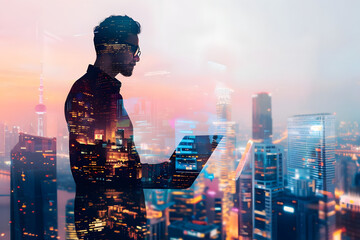 portrait of confident software engineer with laptop, gazing at modern cityscape. double exposure, ur