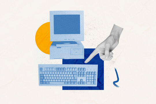 Composite artwork collage of blue color old computer monitor retro technology keyboard hand appear finger point touch press button