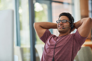 Aufkleber - Call center, relax and man with headset in office for communication, customer support or CRM. Advice, contact us and happy male consultant for project completed, approval email notification or break