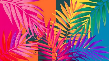 Wall Mural - Tropical palm leaves on color background