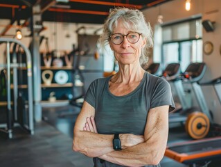 A wallpaper illustrating a confident senior woman in a gym setting, representing health and fitness, and making a perfect background or abstract image