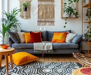 Wall Mural - A well-appointed modern living room with colorful textile accents and green plants offers a great background or wallpaper for clean, beautiful home design