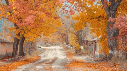 Wall Mural - Pastel-colored background of a quiet village street lined with autumn trees.