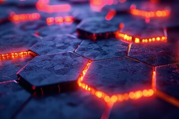 Poster - Contemporary style showcasing glowing hexagons. Sleek digital design reminiscent of a bee's nest.  visualization crafted with advanced  tools.