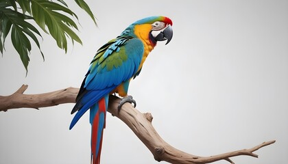 A close-up of a colorful macaw perched on a branch, feathers ruffled in the wind.