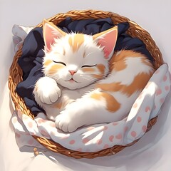 Wall Mural - AI generated illustration of an orange and white kitten peacefully napping in a wicker basket