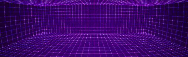 Poster - Purple Cyberpunk Grid VR 3D Room with Fisheye Lens Effect. Tech Party Banner Background. Abstract Digital Background. Vintage Computer Virtual Reality VR Tunnel Technology Vector Illustration.