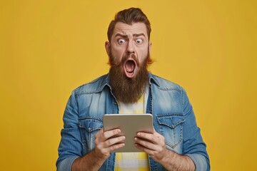 Amazed happy bearded man using digital tablet. looks very shocked by the news on social media. isolated on yellow background. 