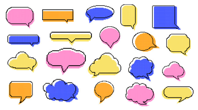Set of pixel art colorful speech bubbles. Dialogue box in 8 bit style. Modern vintage vector illustration. Text boxes for chats and games. Various talk balloon shapes in retro 90's style