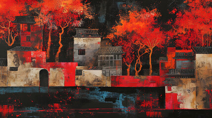 Wall Mural - red and black ancient landscape illustration abstract background decorative painting