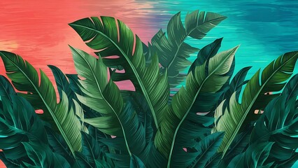 Wall Mural - Tropical palm leaves on color background