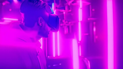 Poster - Man in Virtual Reality Headset Against Neon Lights Generative AI
