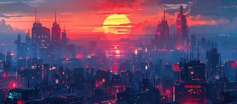 Concept art of a sci-fi cityscape with tall buildings with neon lights and futuristic structures