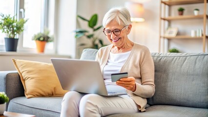 Senior lady making a purchase on a laptop while sitting on the couch