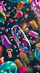 Poster - Colorful floating capsules and pills on a dark background. Pharmaceutical and healthcare concept for design and print. Video animation