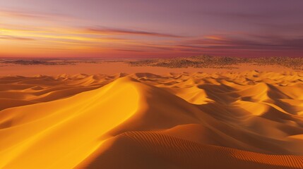 An expansive 3D desert scene with dunes that show a gradient from golden yellow to deep, dark brown under a sunset sky gradient from orange to purple.