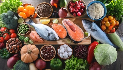 Fresh produce, meats, and fish displayed on table. Emphasizing health, diet, and well-being. Overhead perspective symbolizing a balanced lifestyle.
