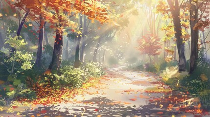 Wall Mural - Gentle pastel hues featuring a forest path with fallen leaves and sunlight.