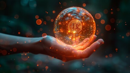 Wall Mural - A hand holding a glowing orb filled with digital currency symbols, representing the modern attainment of wealth through technology. Minimal and Simple style