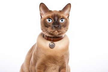 Wall Mural - Portrait of a happy burmese cat on white background