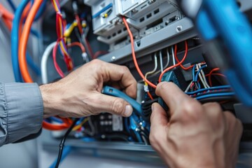 Close up detail of an electrician hands working with wires and fuse switch box.