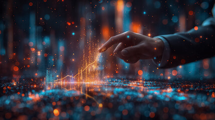 Poster - A hand is pointing at a cityscape with a lot of lights and a lot of dots