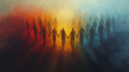 A group of people holding hands in a rainbow formation