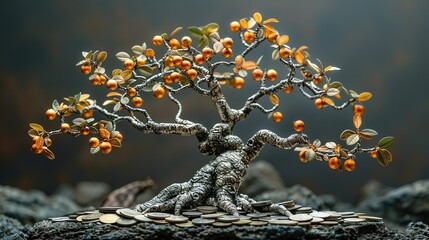 A tree with roots made of silver coins and branches bearing golden fruits, symbolizing foundational financial success and growth. Minimal and Simple style