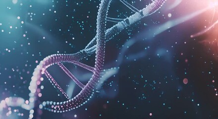Leinwandbilder - Close-up view of a DNA double helix with particles and light effects. Biotechnology and genetic research concept. Design for banner, poster, wallpaper. Macro