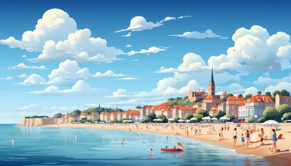 Create an image of a bustling beach town with people enjoying various summer activities