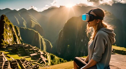 Wall Mural - Woman with VR glasses in Machu Picchu.