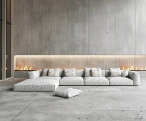 Wall Mural - A pristine minimalist lounge scene with comfortable white cushions and a sleek fireplace, serving as an abstract and beautiful wallpaper or background