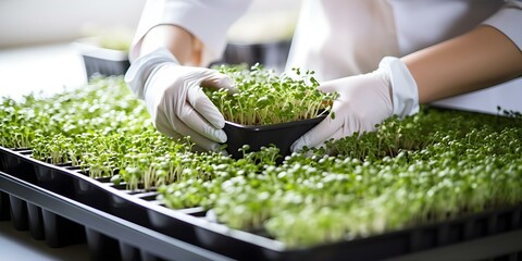 Woman in white kitchen wearing gloves planting microgreens in plastic box. Concept Gardening at Home, Indoor Planting, Sustainable Living, Kitchen Decor, Microgreens Harvesting