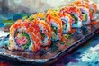 © Paniti - An illustration of a delicious sushi lamb roll, captured with vibrant colors and artistic detail, showcasing its yummy appeal in a documentary photography style