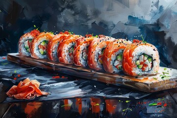 An illustration of a delicious sushi lamb roll, captured with vibrant colors and artistic detail, showcasing its yummy appeal in a documentary photography style