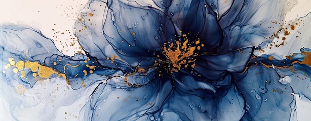 Wall Mural - one big summer flower, artwork of flowing alcohol ink style bioluminescence navy blue background, white, gold