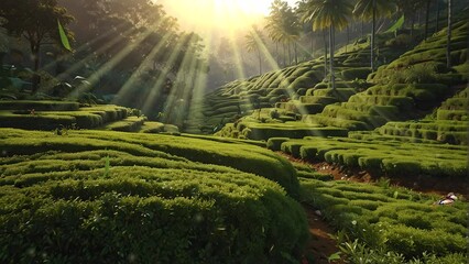 Wall Mural - Video of a lush green terraced hillside with bright sunlight shining through the trees.